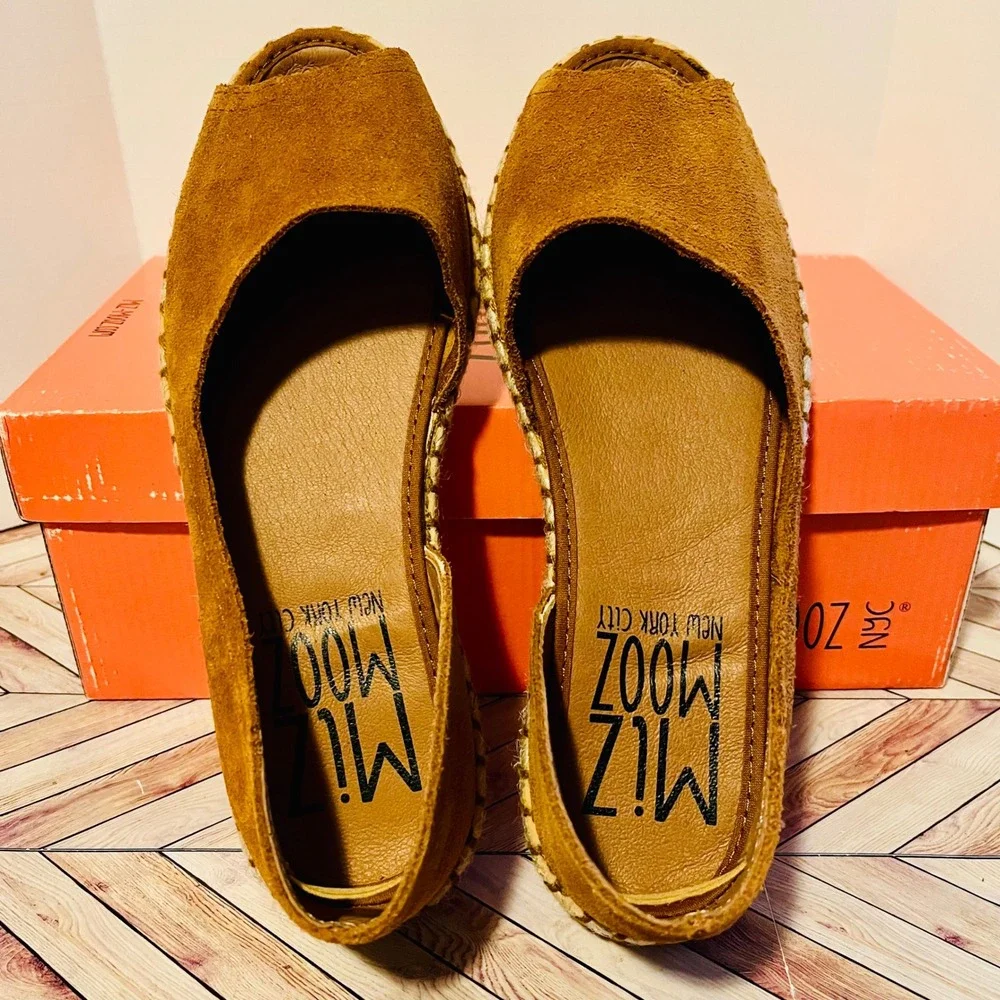 Miz Mooz‎ Cruze Wheat Suede Leather Espadrille Flats US 6.5 EU 37 Peep Toe Brown